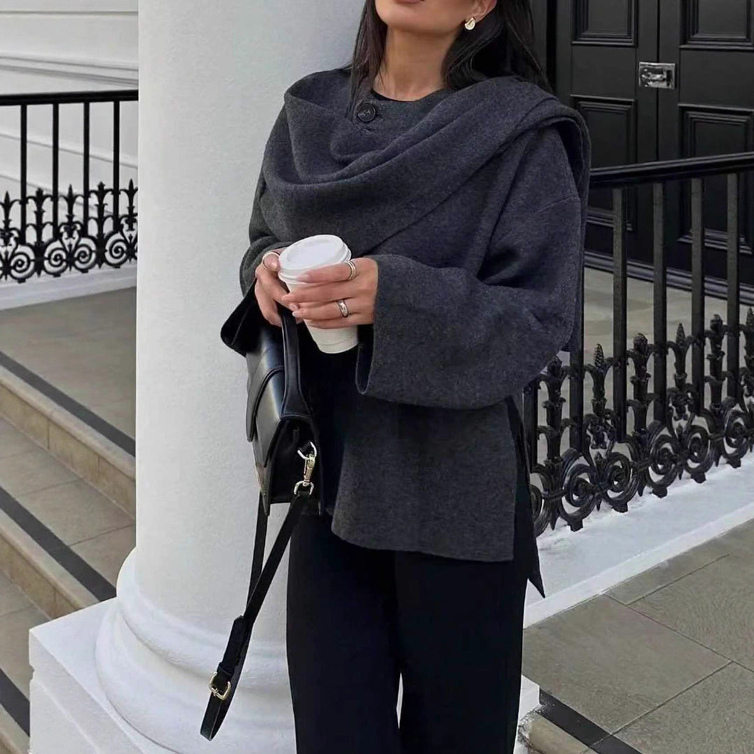 Women Oversize Wrap Poncho Coat with Wide Shawl Collar and One-Button Detail Amarae