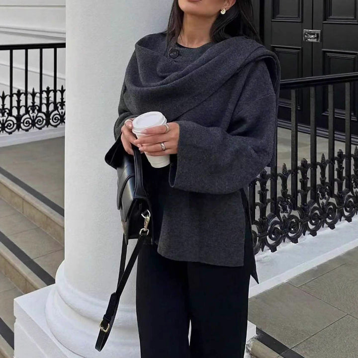 Women Oversize Wrap Poncho Coat with Wide Shawl Collar and One-Button Detail Amarae