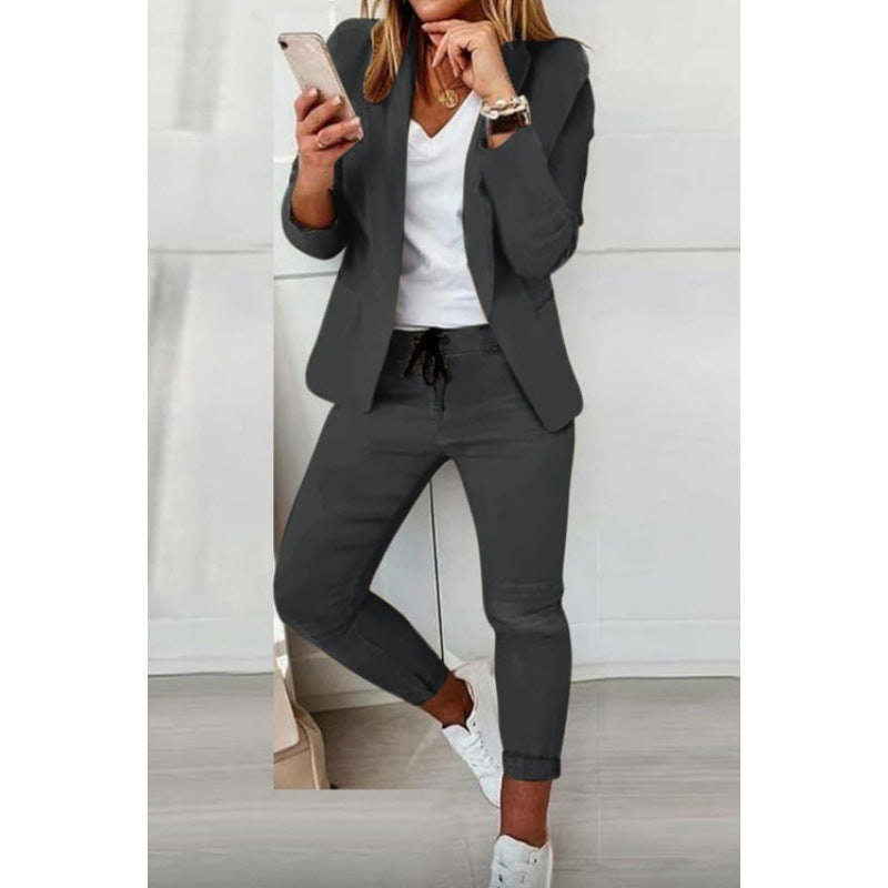 Women's Two-Piece Stretch Jersey Blazer Set with Drawstring Jogging Pants Amarae