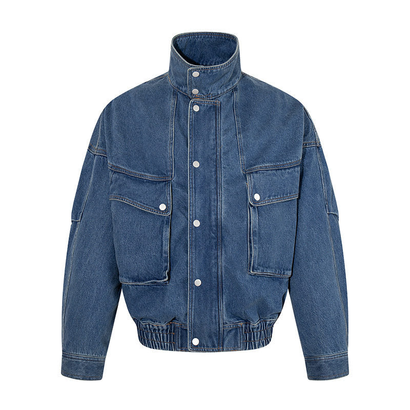 Women's Oversized Denim Jacket with Stand-up Collar, Press Stud Placket and Patch Cargo Pockets Amarae