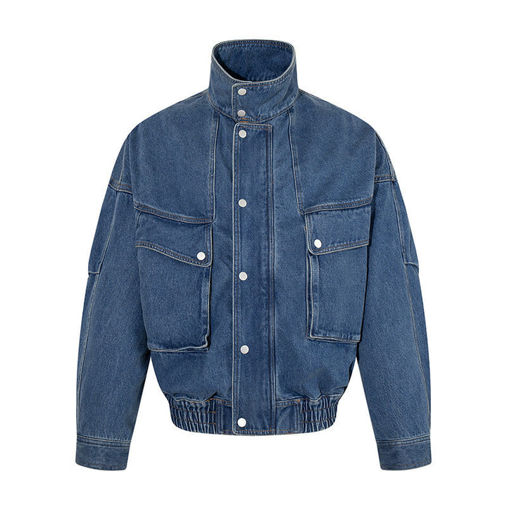 Women's Oversized Denim Jacket with Stand-up Collar, Press Stud Placket and Patch Cargo Pockets Amarae
