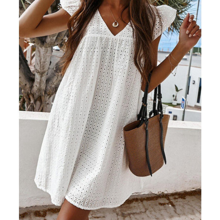 V neck shift dress with ruffle sleeves Lune London