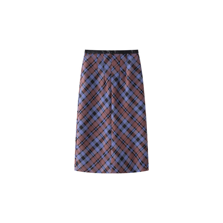 Women High-waisted Midi Skirt made of Wool Blend with Diagonal Check Structure and Front Slit Amarae