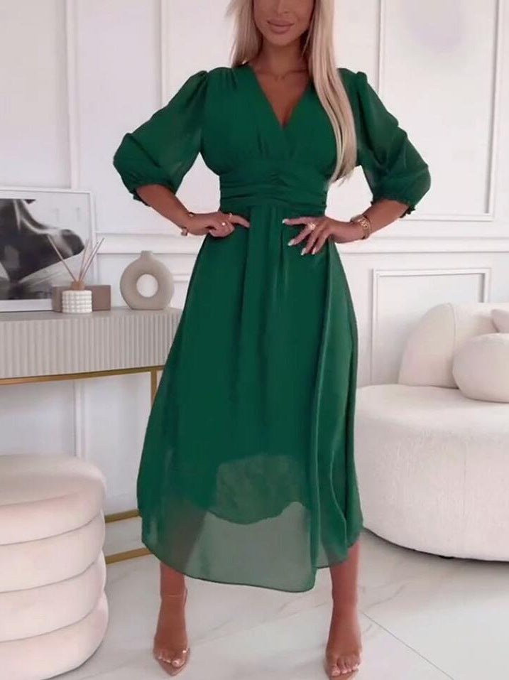 Woman Chic and Stylish V Neck Fluid Maxi Dress
