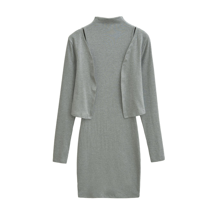Ladies Figured Close-Fitting Midi Dress with Integrated Bolero and Stand-Up Collar Amarae
