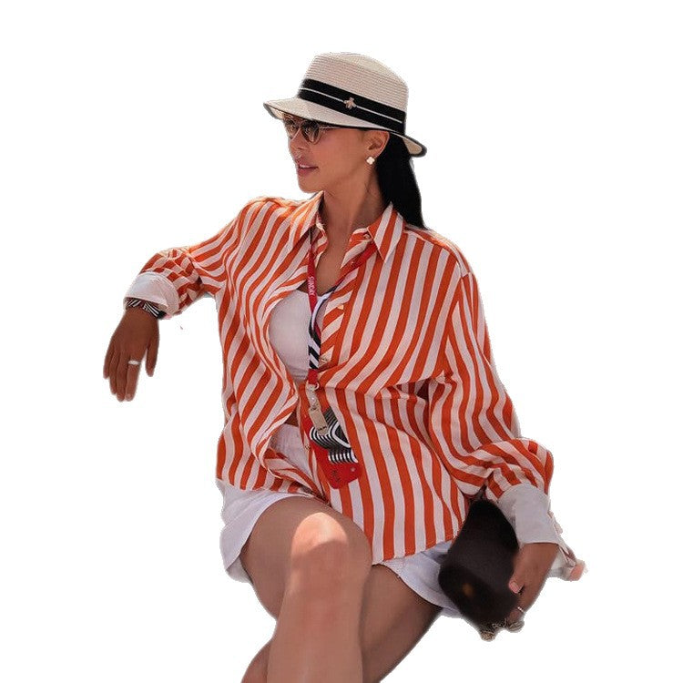 Women Striped Oversized Shirt Blouse with Contrasting Cuffs & Knot Finishes Amarae