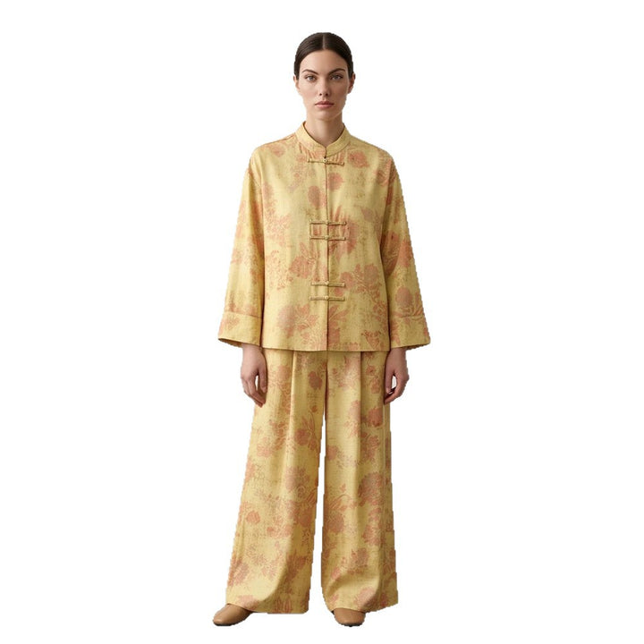 Womens Two-Piece Jacquard Set with Mandarin Collar and Wide Cut Trousers Amarae