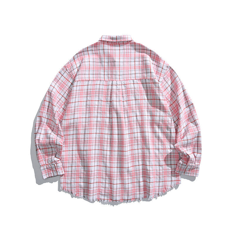 Unisex Boxy overshirt in checked linen blend with frayed hem and patch pockets Amarae