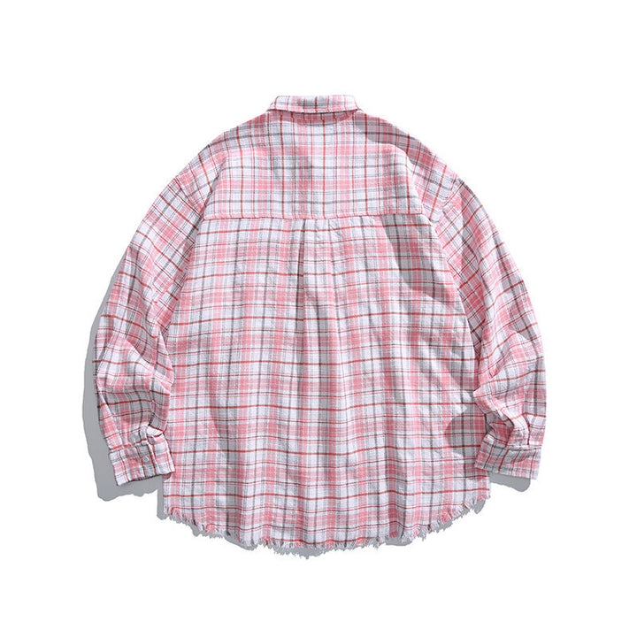 Unisex Boxy overshirt in checked linen blend with frayed hem and patch pockets Amarae