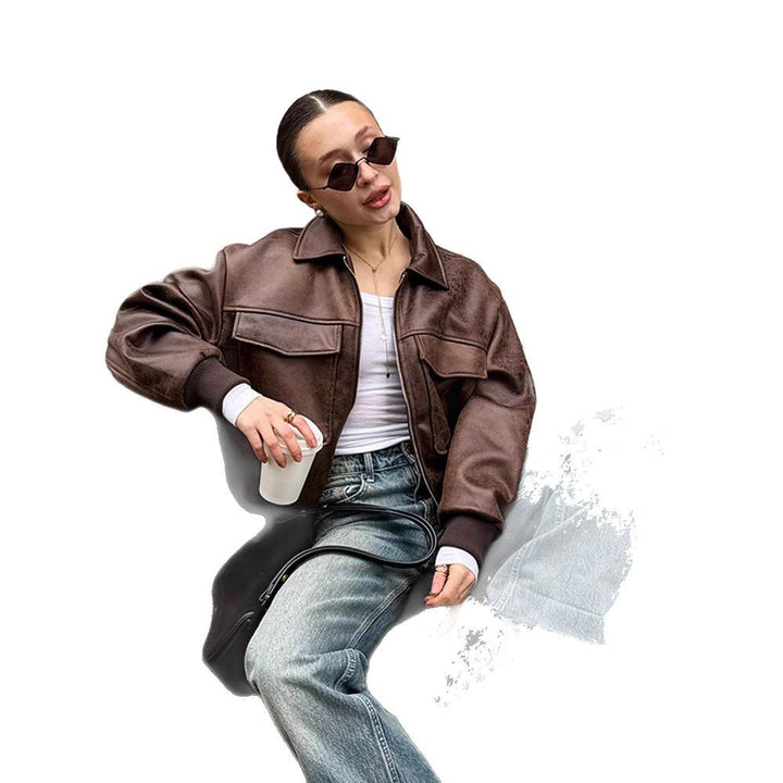 Women Cropped Suede Look Bomber Jacket with Flap Pockets and Ribbed Hem Amarae