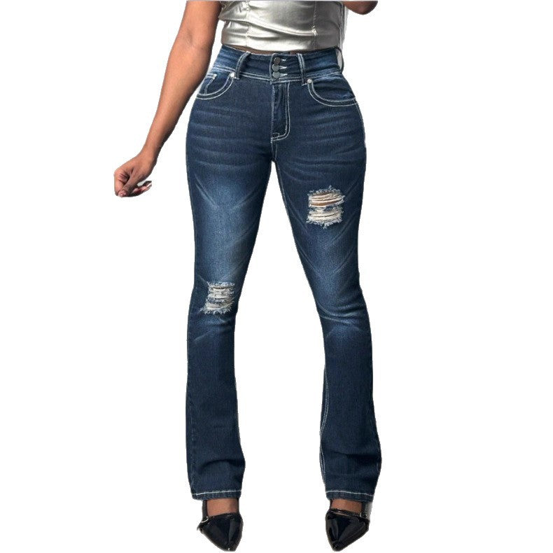 Women's Shaping High-Waist Bootcut Jeans with Triple Button Placket and Subtle Destroyed Look Amarae