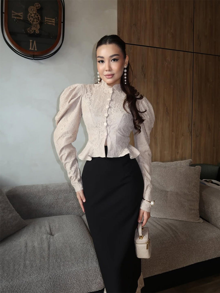 Women's Tailored Jacquard Blouse with Stand Collar, Puff Sleeves and Ruffle Hem Amarae