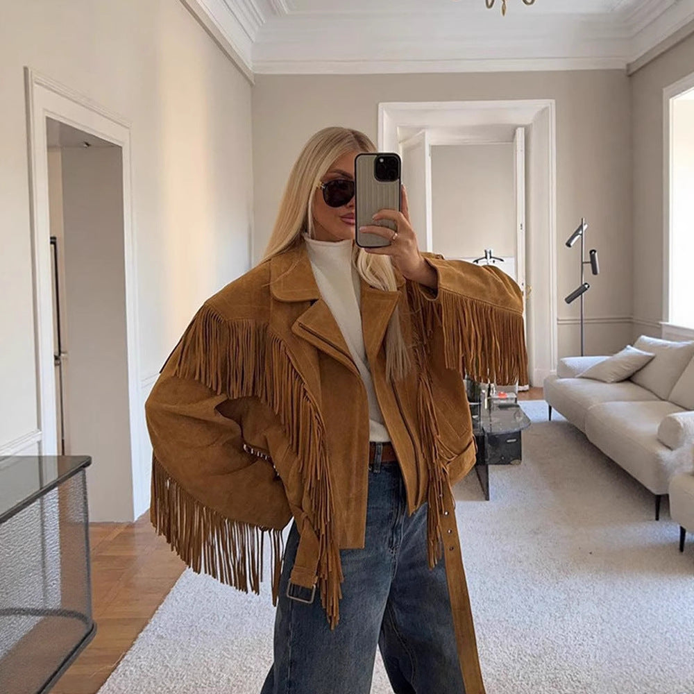 Suede jacket for women with fringe details and an adjustable belt Lune London