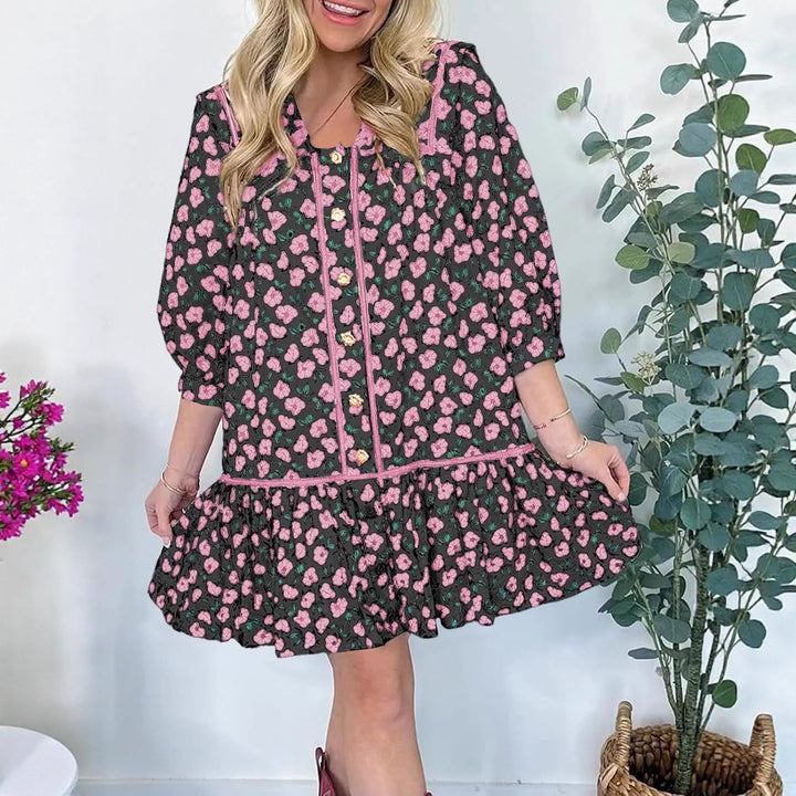 Floral short sleeve dress for women with spacious pockets and romantic collar Lune London