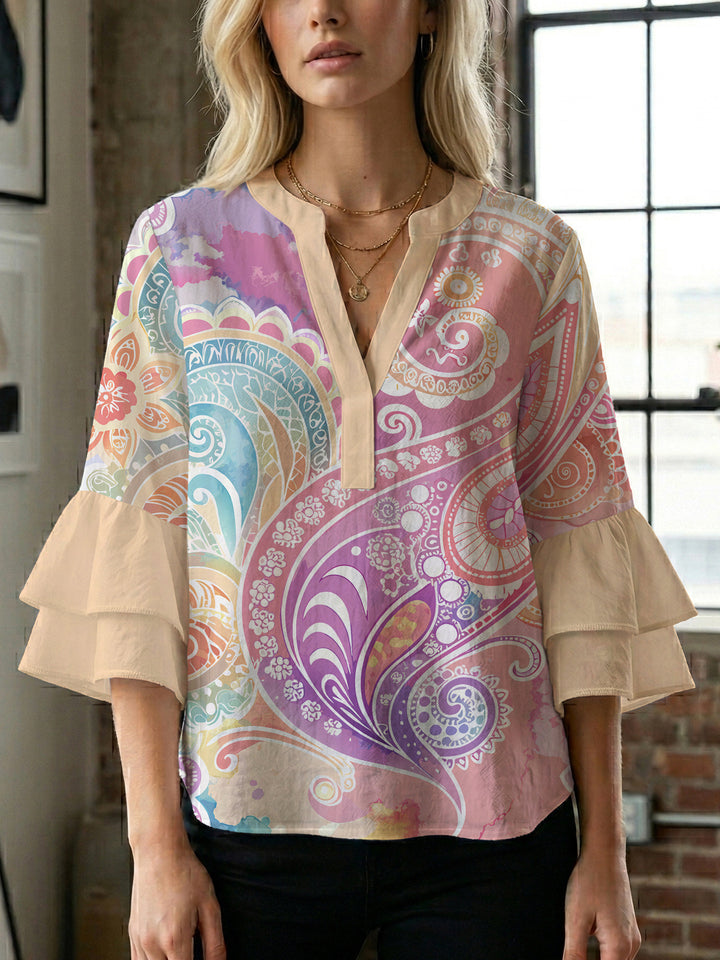 Women's blouse with voluminous ruffle sleeves and creative floral design Lune London