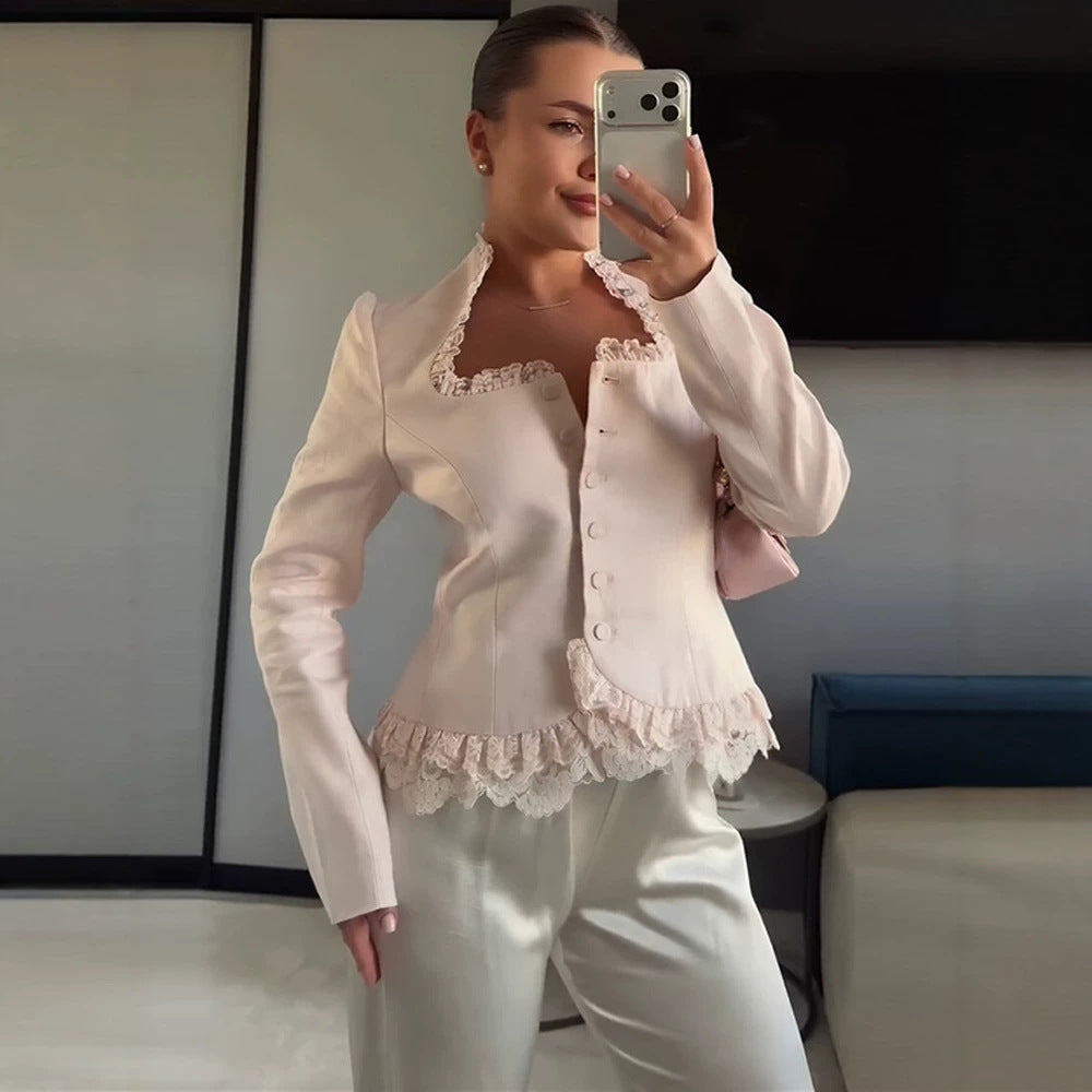 Women Tailored Blazer with Lace Trim, Buttonless and Peplum Amarae