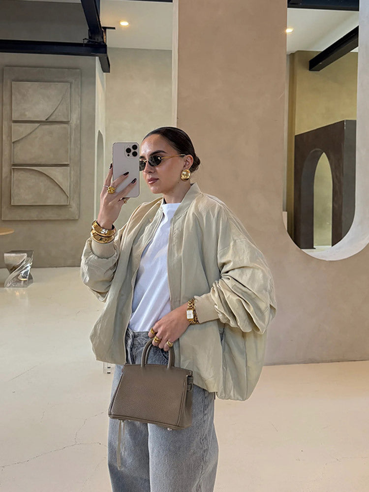 Women Oversize Bomber Jacket with drawstring, ribbed cuffs and lightweight nylon finish Amarae