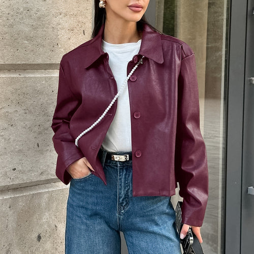 Women's faux leather jacket with button details and casual fit Amarae