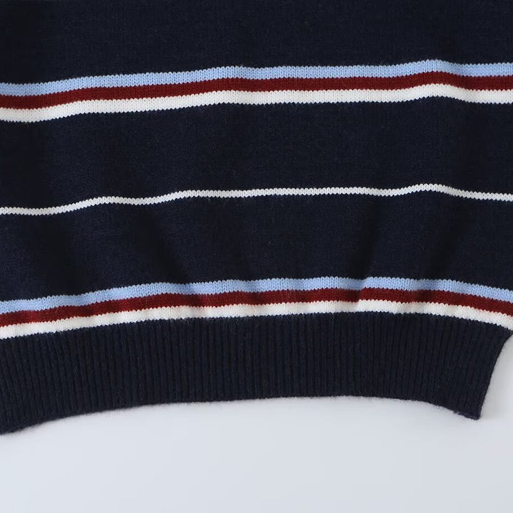 Women's Striped Knit Polo Sweater with Short Button Placket and Ribbed Cuffs Amarae