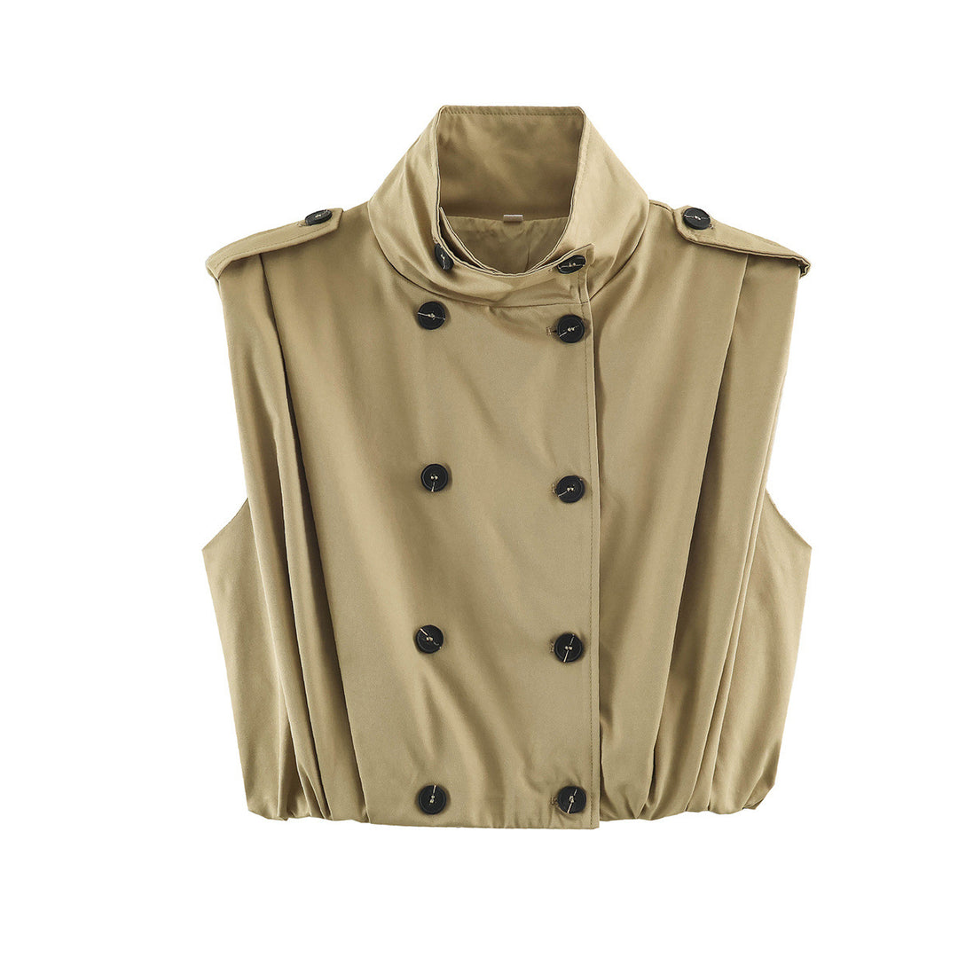 Women's Cropped Trench Vest without Sleeves with Double-Breasted Button Placket and Epaulets Amarae