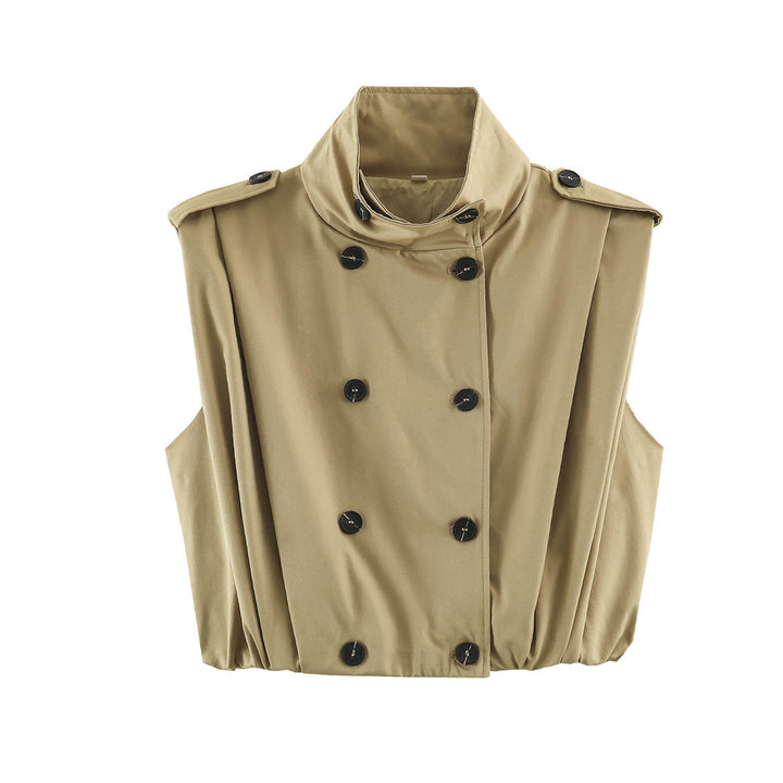 Women's Cropped Trench Vest without Sleeves with Double-Breasted Button Placket and Epaulets Amarae