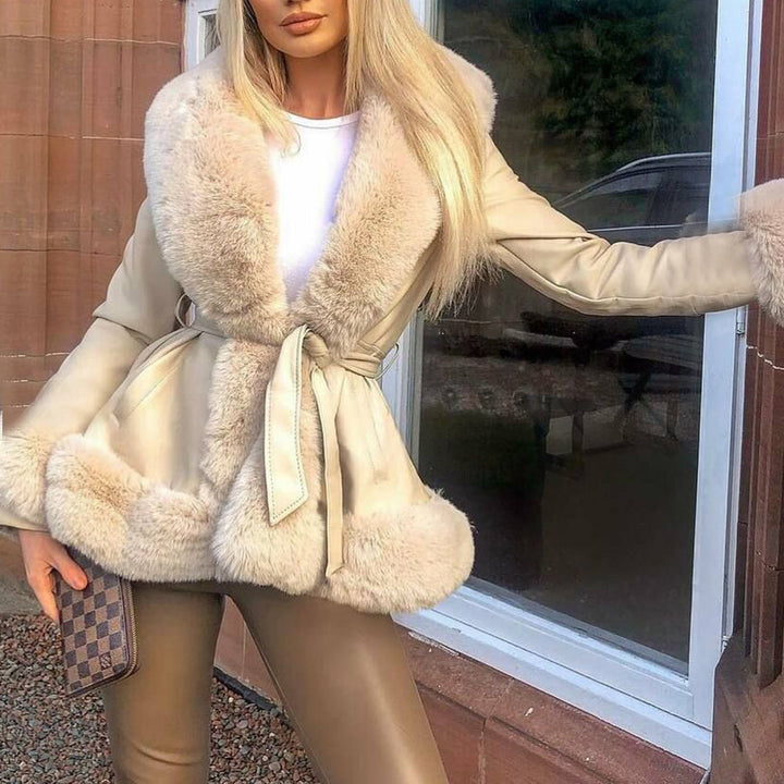 Amarae | Fur Collar Lacing At The Waist Stitched Pu Leather Jacket