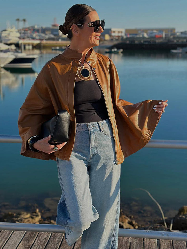 Women's Cape Sleeve Leather Jacket with Stand-up Collar Amarae
