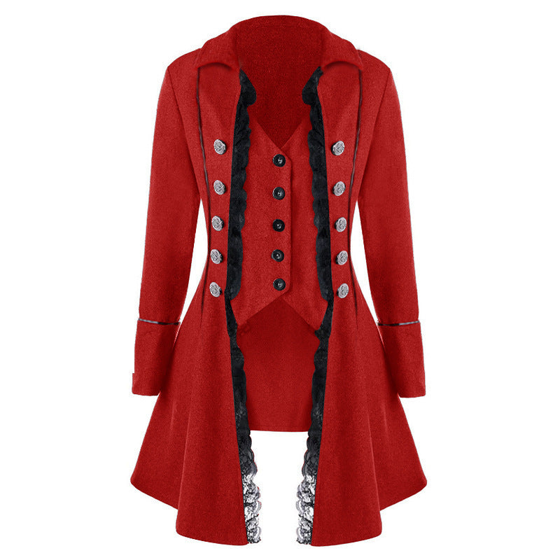 Ladies elegant traditional coat with delicate lace inserts and refined button details Amarael