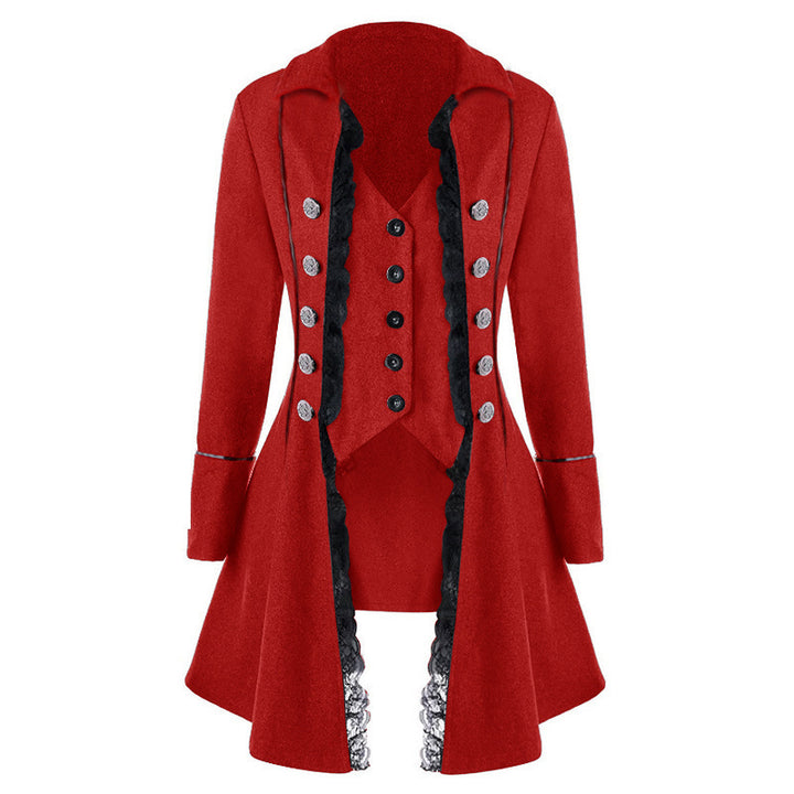 Ladies elegant traditional coat with delicate lace inserts and refined button details Amarael