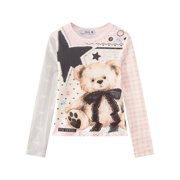 Women's long-sleeve shirt with playful teddy bear print, mixed pattern and lace trim