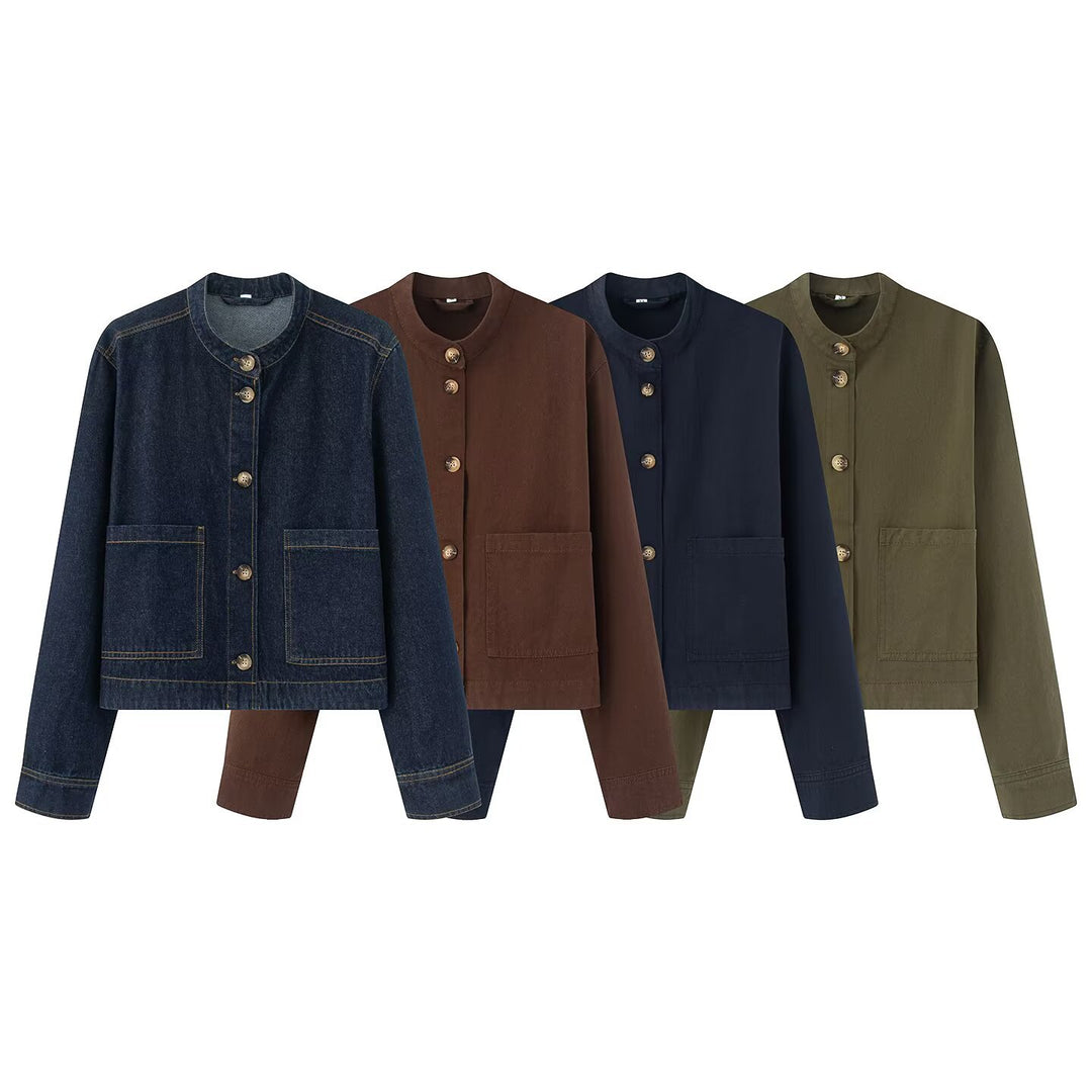 Women's short jacket with stand-up collar, boxy-cropped silhouette and patch pockets Amarae