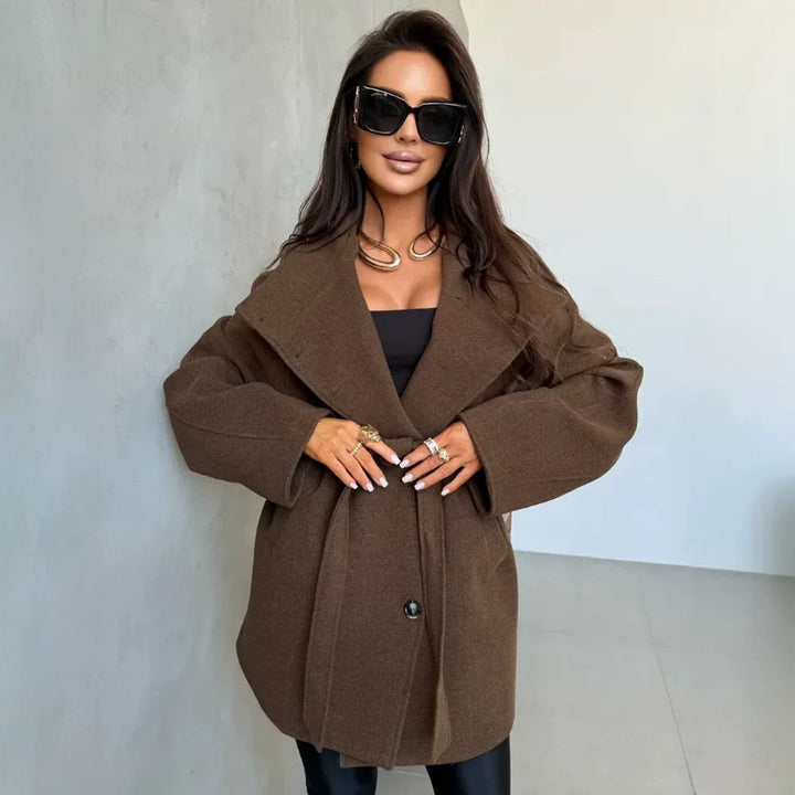 Women's short coat in cocoon cut made of wool blend with oversized shawl collar and tie belt Amarae