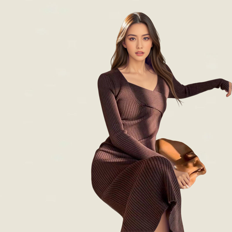 Lune London long sleeve knitted dress for women with asymmetric neckline