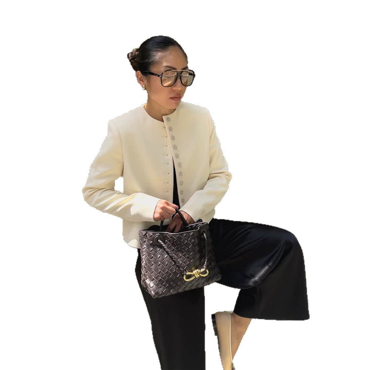 Women Elegant fitted short blazer with standing collar and decorative button placket Amarae