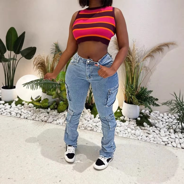 Ladies Cargo Denim Jeans with High Waist, Slim Fit Hips and Patch Utility Pockets Amarae