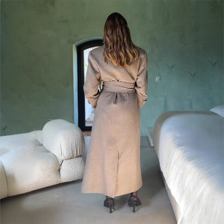 Women Maximal Wool Coat with Double-Breasted Button Placket and Wide Waist Belt Amarae