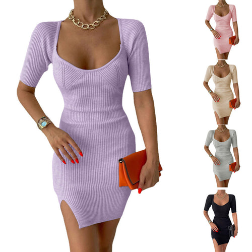 Flattering knit dress for women with short sleeves and side slits Amarae