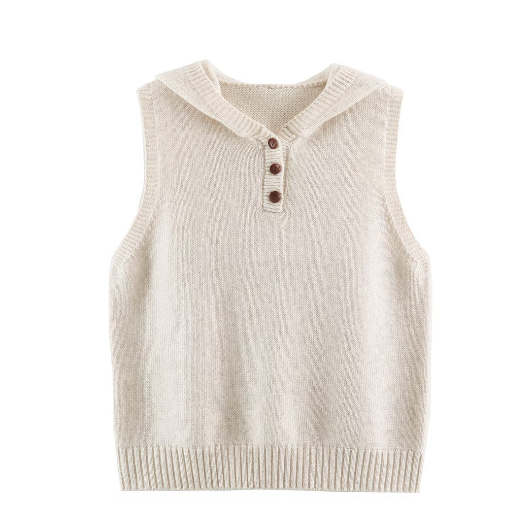 Women's fine knit vest with hood, button placket, and ribbed waistband Amarae