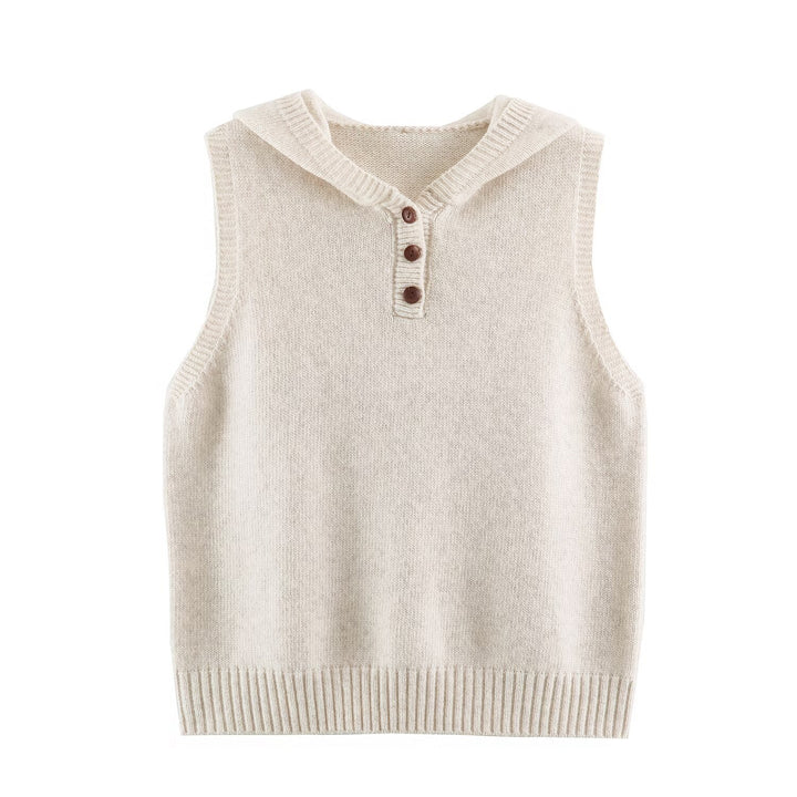 Women's fine knit vest with hood, button placket, and ribbed waistband Amarae