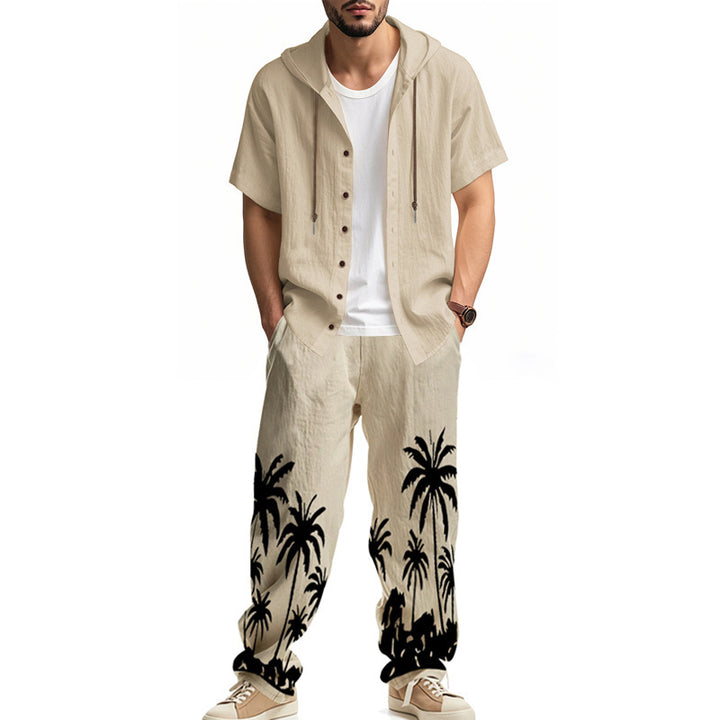 Casual outfit for men with t-shirt and hoodie pants with a trendy palm print Lune London