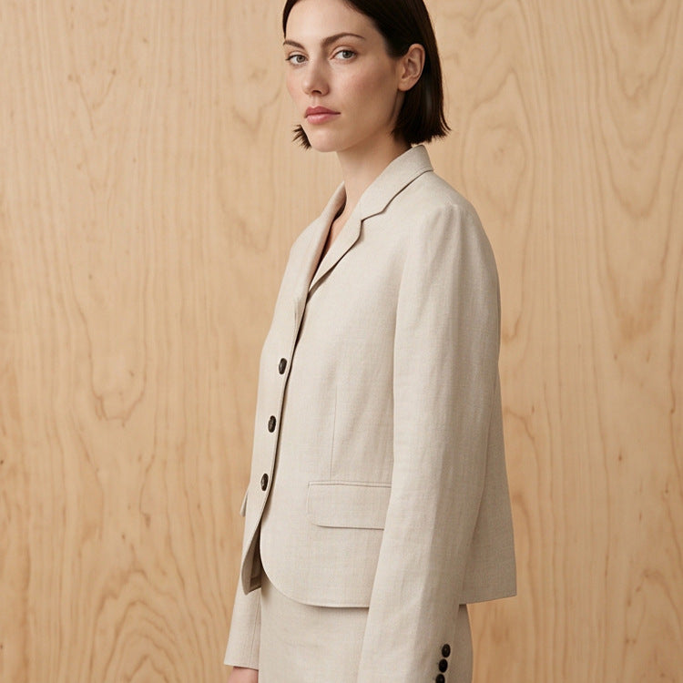 Women's Tailored Linen Blazer with Peplum, Flap Pockets and Full Button Placket Amarae