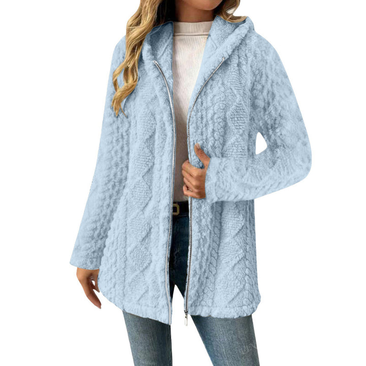 Women's Hooded Sherpa Jacket with Cable Pattern, Medium Length and Two-Way Zipper Amarae