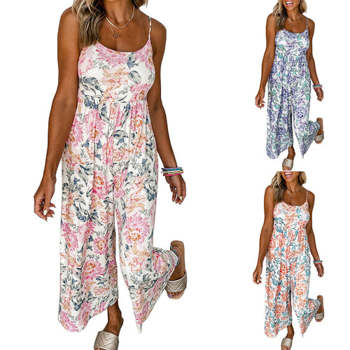 Women lightweight jumpsuit with floral details and thin straps Amarae
