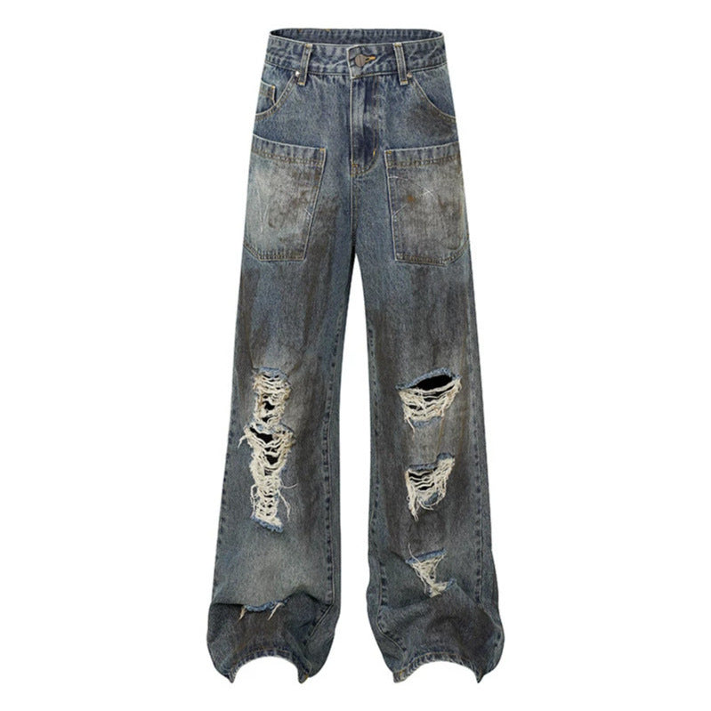 Women's Wide High-Waist Destroyed Denim Palazzo Jeans with Patch Pockets Amarae