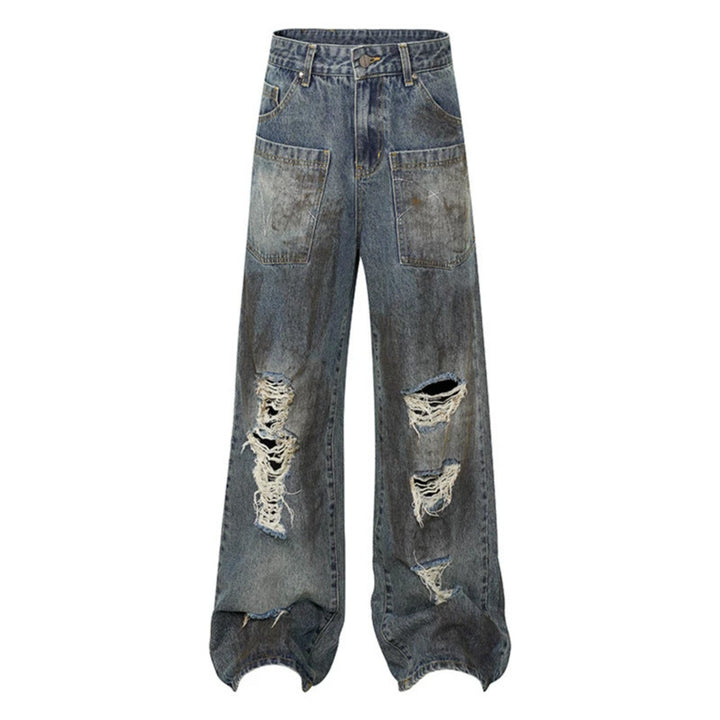 Women's Wide High-Waist Destroyed Denim Palazzo Jeans with Patch Pockets Amarae