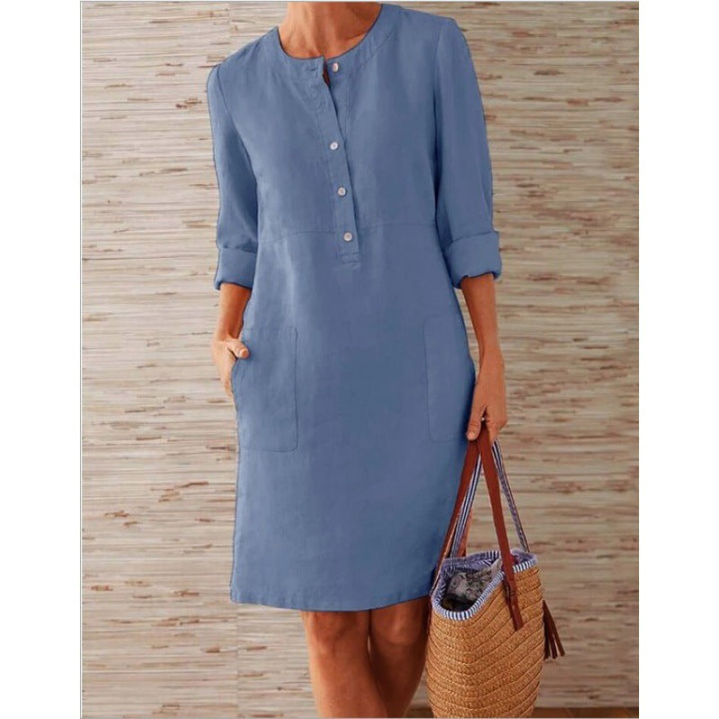 Women loose-fitting linen-look dress with three-quarter sleeves, button placket and side pockets Amarae