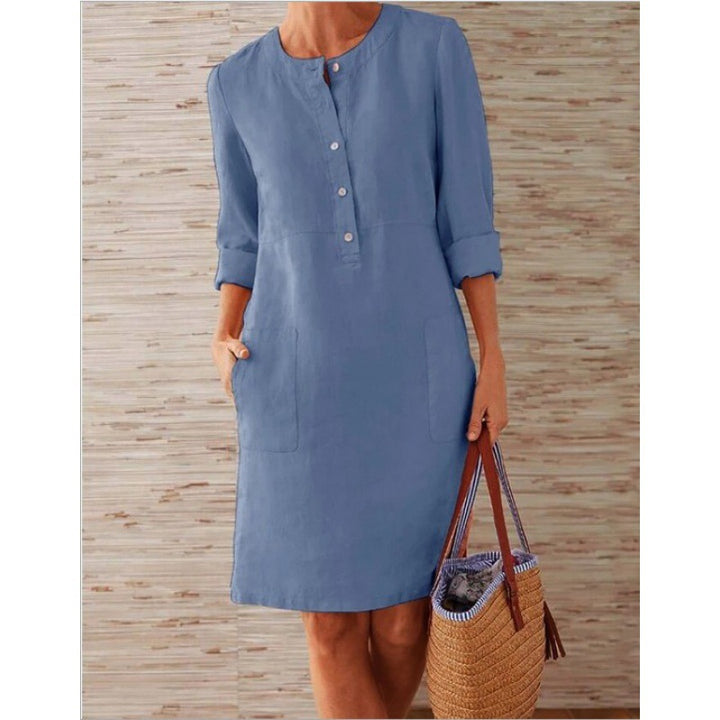 Women loose-fitting linen-look dress with three-quarter sleeves, button placket and side pockets Amarae