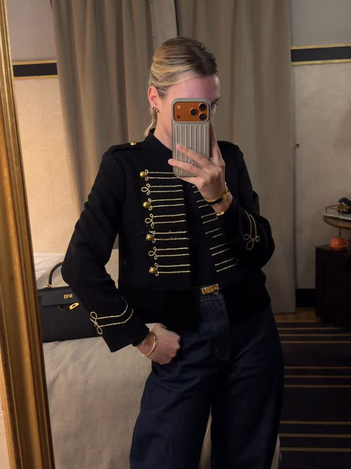 Ladies Short Cut Military Parade Jacket with Decorative Cords and Decorative Buttons Amarae