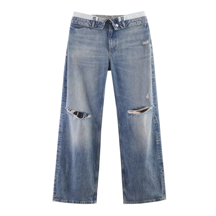 Ladies Wide-Cut Destroyed Jeans with Low Rise and Straight Leg Amarae