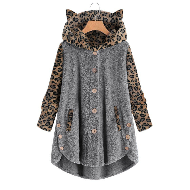 Women's teddy coat with hood, button placket, and contrasting leopard sleeves Amarae
